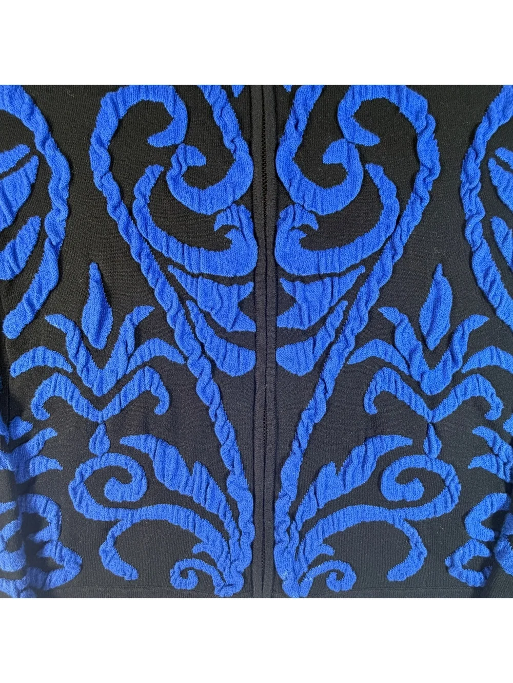 Chico’s Zenergy Damask Jacket Women's Size 1 M Black Blue Chenille Zip Sweater